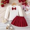 ZFZDRen 3-8Y Toddler Girl Skirt Set Kid 2Pcs Outfits Puff Long Sleeve Top Pleated Skirt with Bowknot Fall Winter Clothes (White Red,6 Years) view 3