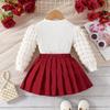 ZFZDRen 3-8Y Toddler Girl Skirt Set Kid 2Pcs Outfits Puff Long Sleeve Top Pleated Skirt with Bowknot Fall Winter Clothes (White Red,6 Years) view 4