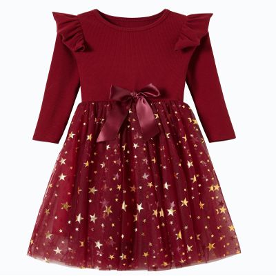 Beganly Little Girls Christmas Red Dress Toddler Long Sleeves Green Sparkle Stars Tulle Tutu Party Dresses Xmas Outfits Ruffle Red 130