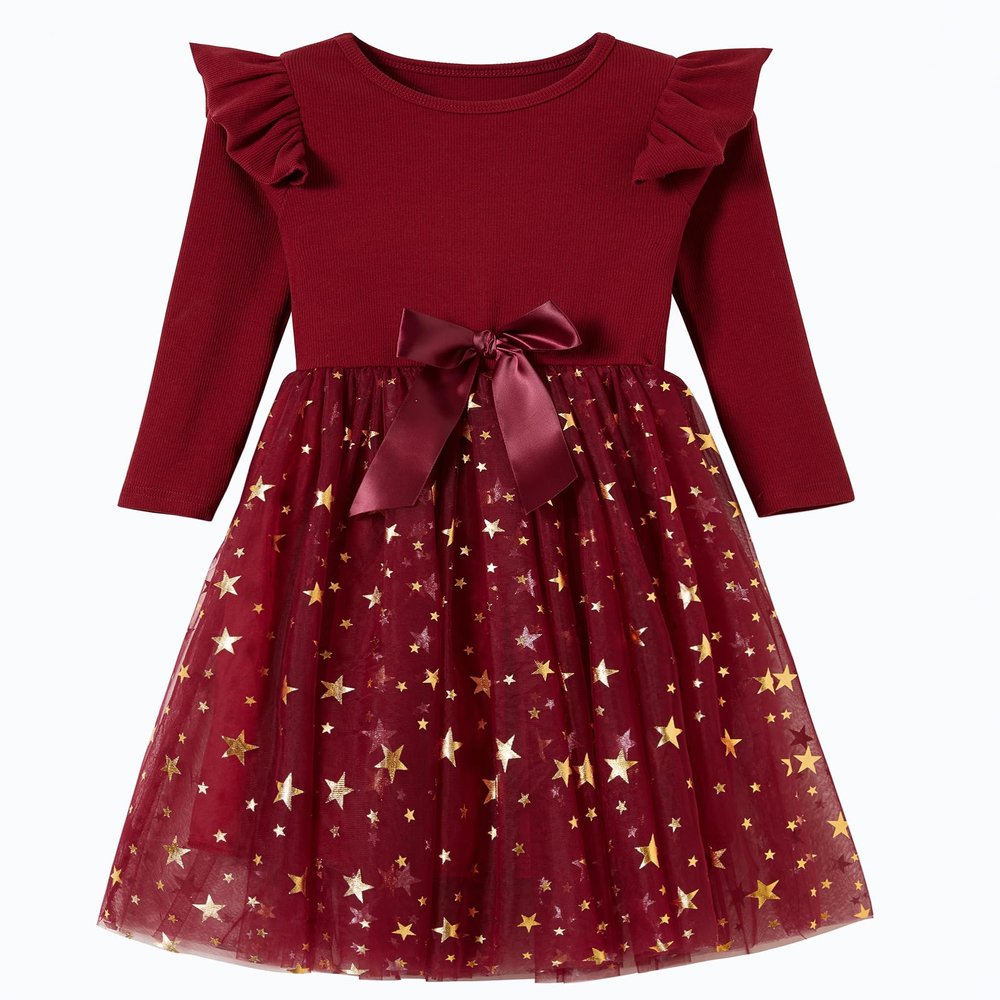 Beganly Little Girls Christmas Red Dress Toddler Long Sleeves Green Sparkle Stars Tulle Tutu Party Dresses Xmas Outfits Ruffle Red 130