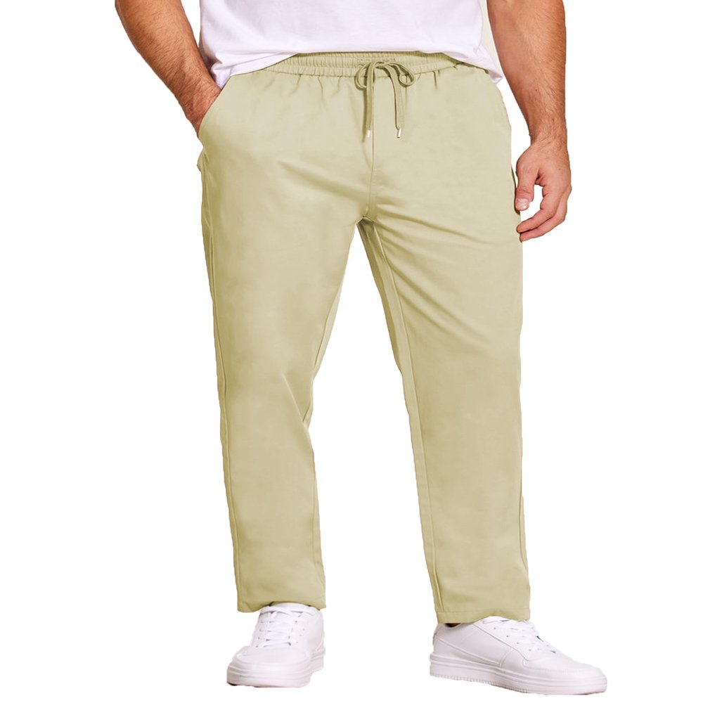 COOFANDY Men's Casual Cotton Pants Regular Fit Elastic Waist Drawstring Twill Pants Straight Leg Chino Pants Light Khaki