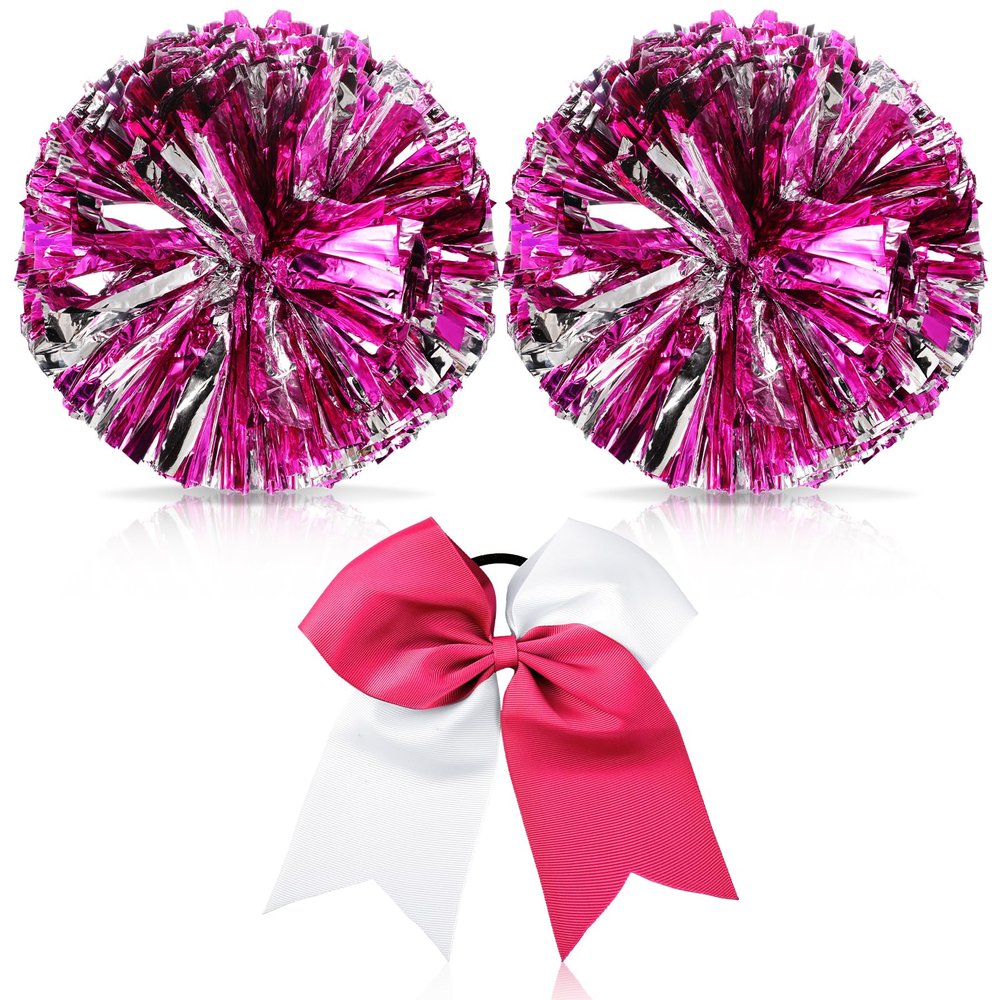 Hanaive 12 Inch Cheerleading Pom Poms and Large Cheerleader Hair Bow Large Metallic Cheer Cheerleader Pom Poms for Sports Team Spirit Cheering(Rose Red and Silver Mixed,Glitter)