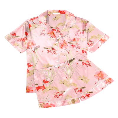 Ekouaer Womens Silk Satin Pajama Sets Soft Short Sleeve Button Down Sleepwear Top and Shorts 2 Piece Pjs Lounge Set,Floral Pink,L