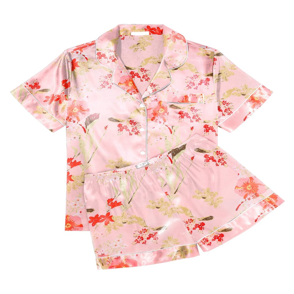 Ekouaer Womens Silk Satin Pajama Sets Soft Short Sleeve Button Down Sleepwear Top and Shorts 2 Piece Pjs Lounge Set,Floral Pink,L