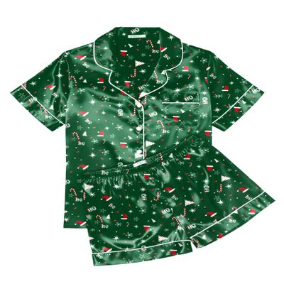 Ekouaer Womens Silk Satin Pajama Sets Soft Short Sleeve Button Down Sleepwear Top and Shorts 2 Piece Pjs Lounge Set,Christmas Green,XXL