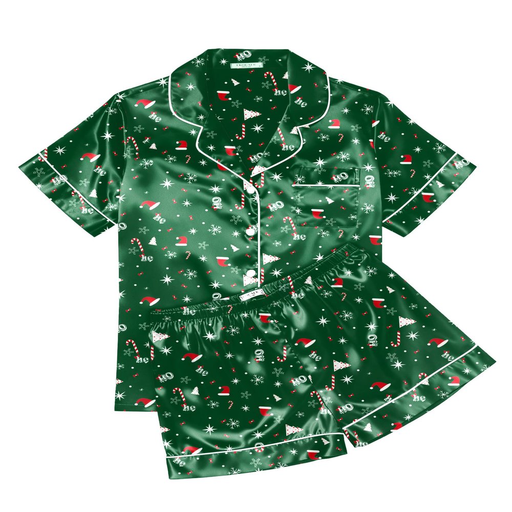 Ekouaer Womens Silk Satin Pajama Sets Soft Short Sleeve Button Down Sleepwear Top and Shorts 2 Piece Pjs Lounge Set,Christmas Green,XXL