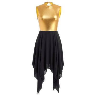 AFAVOM Women's Lyrical Dance Dress Modern Contemporary Metallic Irregular High-Low Leotard Dress Sleeveless Ruffle Chiffon Flowy Skirt Color Block Adult Asymmetrical Dancewear Costume Black XL