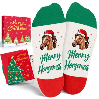 HAPPYPOP Christmas Gifts for Kids - White Christmas Stocking Stuffers Xmas Horse Socks 4-6 Years Old with Greeting Card