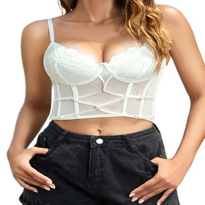 Avidlove Bralette for Women V Neck Camisole Lingerie for Women Adjustable Strap Tank Top Lace Corset with Thong White