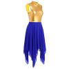 AFAVOM Women's Lyrical Dance Dress Modern Contemporary Metallic Irregular High-Low Leotard Dress Sleeveless Ruffle Chiffon Flowy Skirt Color Block Adult Asymmetrical Dancewear Costume Blue M view 2