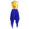 AFAVOM Women's Lyrical Dance Dress Modern Contemporary Metallic Irregular High-Low Leotard Dress Sleeveless Ruffle Chiffon Flowy Skirt Color Block Adult Asymmetrical Dancewear Costume Blue M view 3