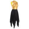 AFAVOM Women's Lyrical Dance Dress Modern Contemporary Metallic Irregular High-Low Leotard Dress Sleeveless Ruffle Chiffon Flowy Skirt Color Block Adult Asymmetrical Dancewear Costume Black S view 2