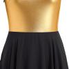 AFAVOM Women's Lyrical Dance Dress Modern Contemporary Metallic Irregular High-Low Leotard Dress Sleeveless Ruffle Chiffon Flowy Skirt Color Block Adult Asymmetrical Dancewear Costume Black S view 4