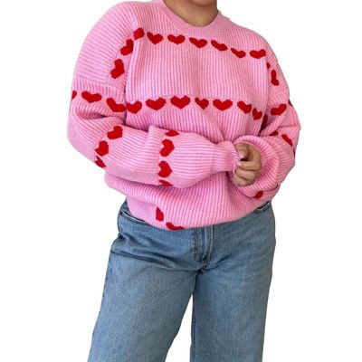 ONLYWOOD Womens Heart Pattern Casual Fall Winter Trendy Pullover Lightweight Crewneck Jacquard Soft Knit Sweaters Top Clothes(Pink,Medium)