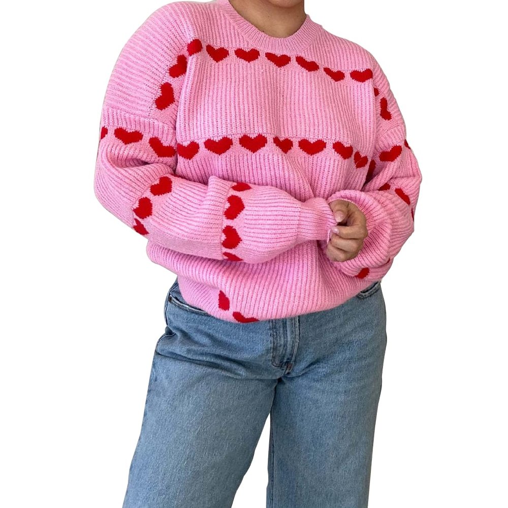 ONLYWOOD Womens Heart Pattern Casual Fall Winter Trendy Pullover Lightweight Crewneck Jacquard Soft Knit Sweaters Top Clothes(Pink,Medium)