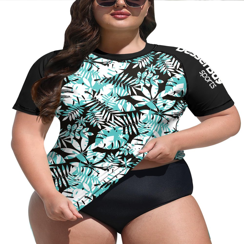 BesserBay Womens Short Sleeve Plus Size Upf50+ Rashguard Shirt Uv Lightweight Stretchy Swim Top Auqa White - Leaves 3X-Large