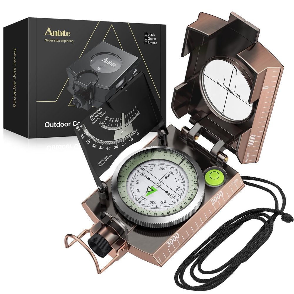 Anbte Compass Hiking Survival, IP65 Waterproof Metal Compass with Sighting Clinometer and Carry Bag, Multifunctional, Professional, for Camping Hunting Hiking Navigation, Bronze