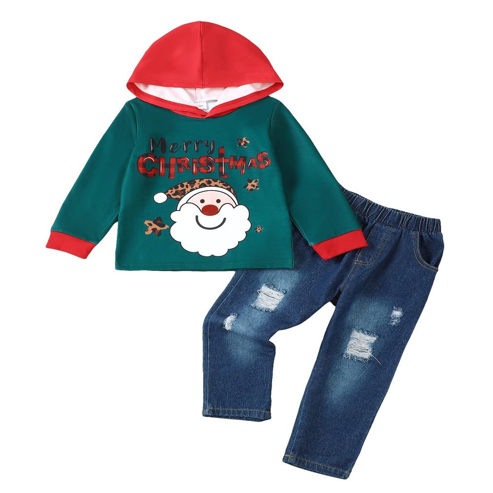 Christmas Baby Boy Clothes Toddler Christmas Outfit Fashion Green Santa Hoodies Sweatshirt Cute Ripped Jeans Clothing Set 18-24 Month Boy Clothes