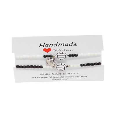2PC BFF Heart Match Sports Woven Adjustable Bracelet for Basketball Football Volleyball Tennis Couple Bracelet- Volleyball