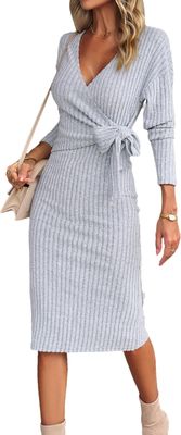 2024 Fall Dresses for Women Winter Fall V-Neck Long-Sleeved Knitted Strap-on Dress with Belt Stylish Long Sleeve wrap Sweater Dress, Perfect Winter & Fall Outfits (Grey,S)
