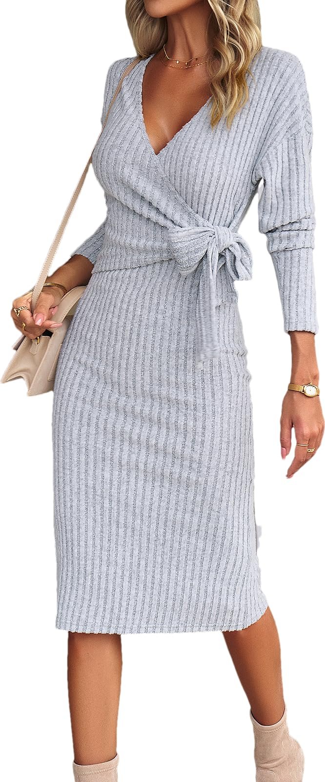2024 Fall Dresses for Women Winter Fall V-Neck Long-Sleeved Knitted Strap-on Dress with Belt Stylish Long Sleeve wrap Sweater Dress, Perfect Winter & Fall Outfits (Grey,S)