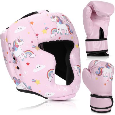 Arrowbash Boxing Headgear and Gloves Set for Kids 6oz Pink Unicorn Boxing Gloves and Wrestling Headgear Sparring Equipment for Boxing Kickboxing Muay Thai BJJ Karate Training