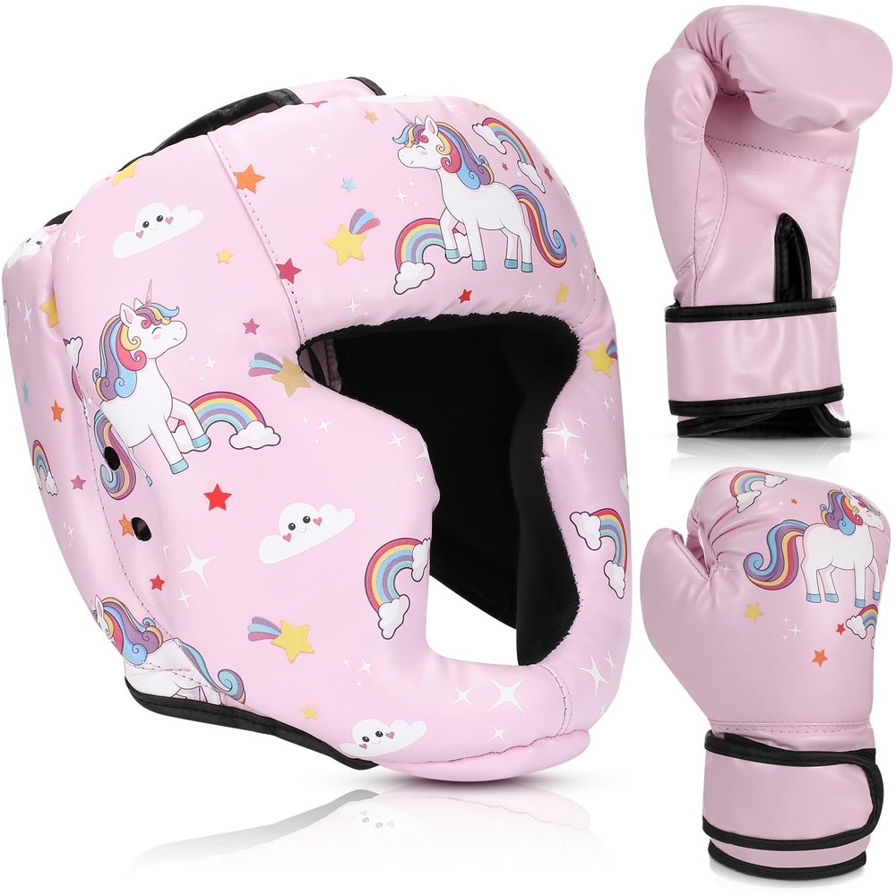 Arrowbash Boxing Headgear and Gloves Set for Kids 6oz Pink Unicorn Boxing Gloves and Wrestling Headgear Sparring Equipment for Boxing Kickboxing Muay Thai BJJ Karate Training
