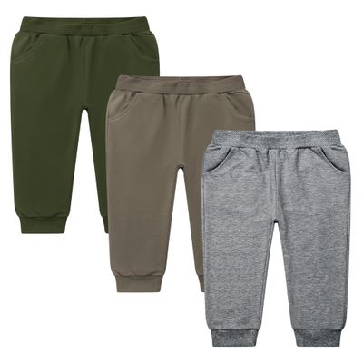 GFQLONG 3 Pack Toddler Pants Sweatpants Boys Cotton Joggers, Athletic Pull on Sweat Pants with Pockets for Kids Clothes, Coffee+ Dark Grey+ Army Green, 3-4T