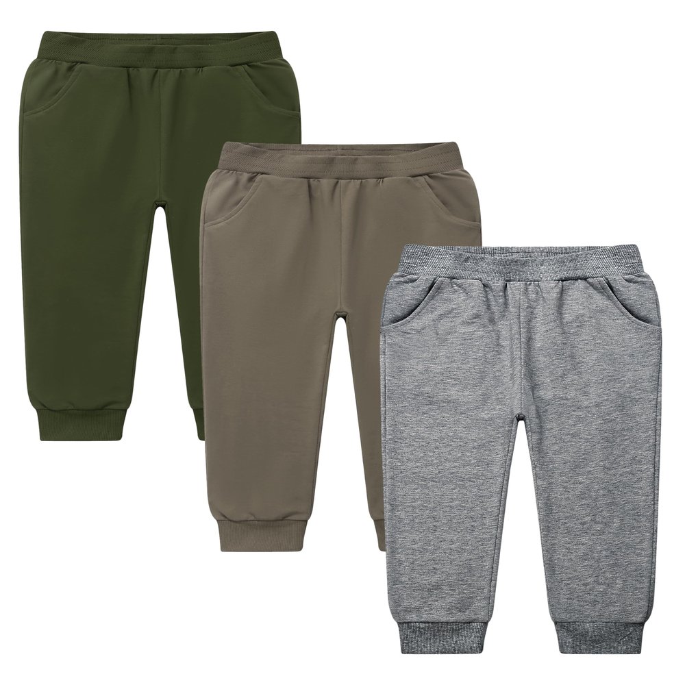 GFQLONG 3 Pack Toddler Pants Sweatpants Boys Cotton Joggers, Athletic Pull on Sweat Pants with Pockets for Kids Clothes, Coffee+ Dark Grey+ Army Green, 3-4T