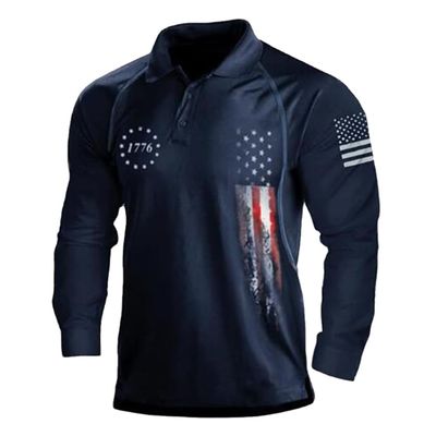 TOMITANY Mens American Flag Polo Shirts Long Sleeve 1776 Patriotic Shirts Lightweight Quick Dry Shirts Dark Blue L