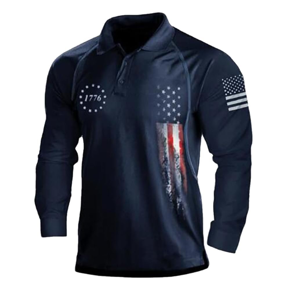 TOMITANY Mens American Flag Polo Shirts Long Sleeve 1776 Patriotic Shirts Lightweight Quick Dry Shirts Dark Blue L