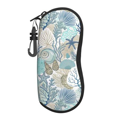 COFLGRYU Seaweed Coral Starfish Shell Pattern Soft Sunglasses Case for Men Women, Ultra Light Neoprene Zipper Eyeglass Portable Glasses Case with Belt Clip