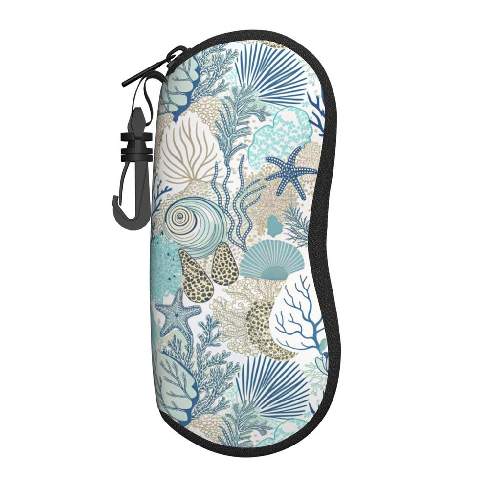 COFLGRYU Seaweed Coral Starfish Shell Pattern Soft Sunglasses Case for Men Women, Ultra Light Neoprene Zipper Eyeglass Portable Glasses Case with Belt Clip