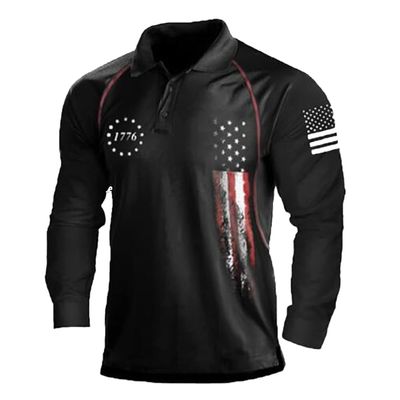 TOMITANY Mens American Flag Polo Shirts Long Sleeve 1776 Patriotic Shirts Lightweight Quick Dry Shirts Black XL