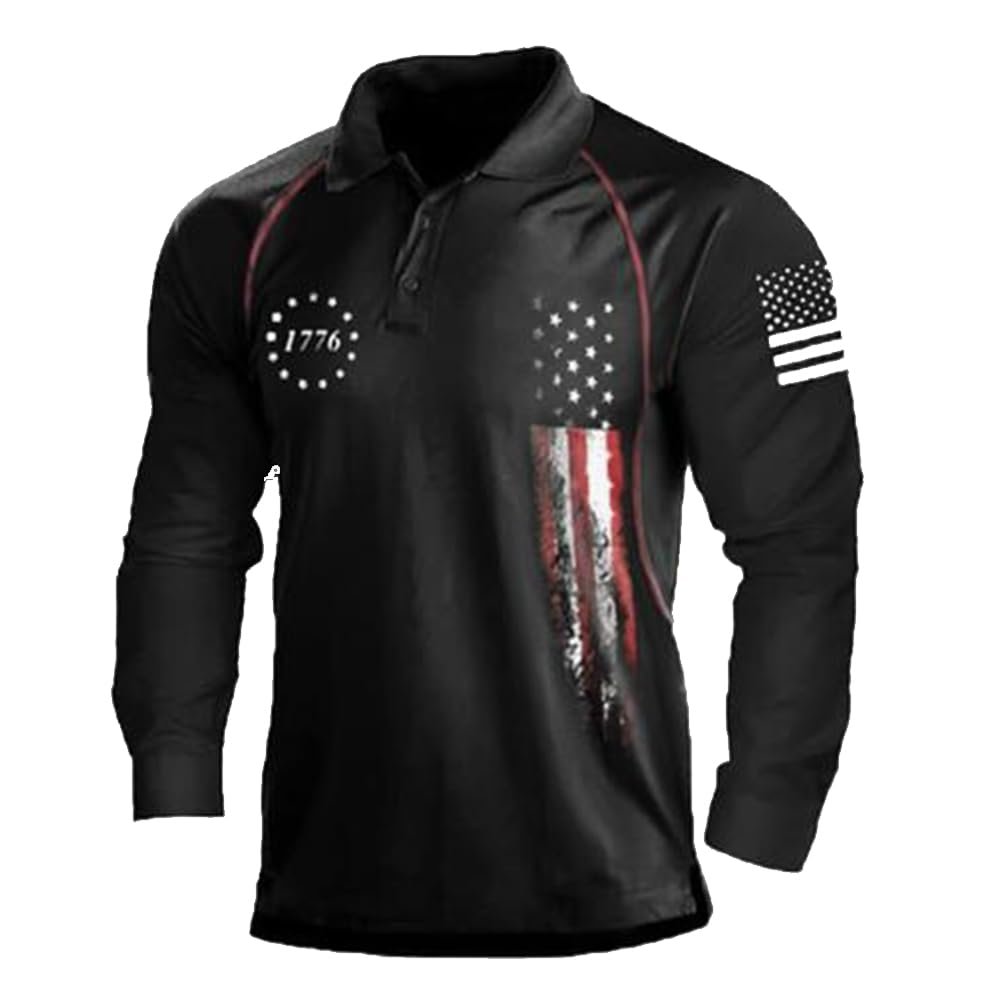 TOMITANY Mens American Flag Polo Shirts Long Sleeve 1776 Patriotic Shirts Lightweight Quick Dry Shirts Black XL