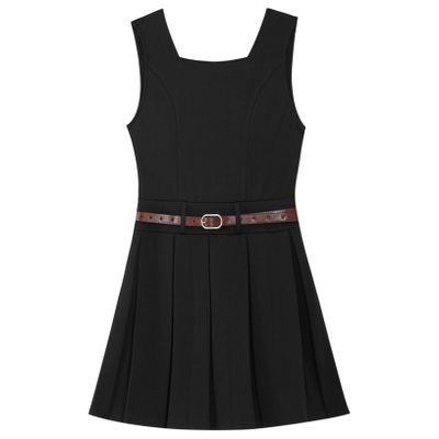 Freebily Girls School Uniform Dress Sleeveless V-Back Jumper with Belt Casual Dress Black 12 Years