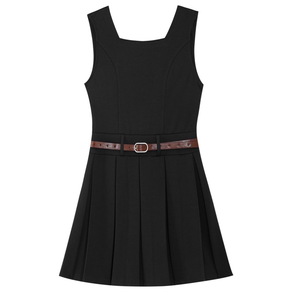 Freebily Girls School Uniform Dress Sleeveless V-Back Jumper with Belt Casual Dress Black 12 Years