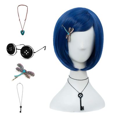 Coraline Women Girls Dark Blue Bob Short Straight Hair Wig Button Glasses Key Necklace Gemstone Necklace Dragonfly Hairpin Costume Party Cosplay Wig (SET1)