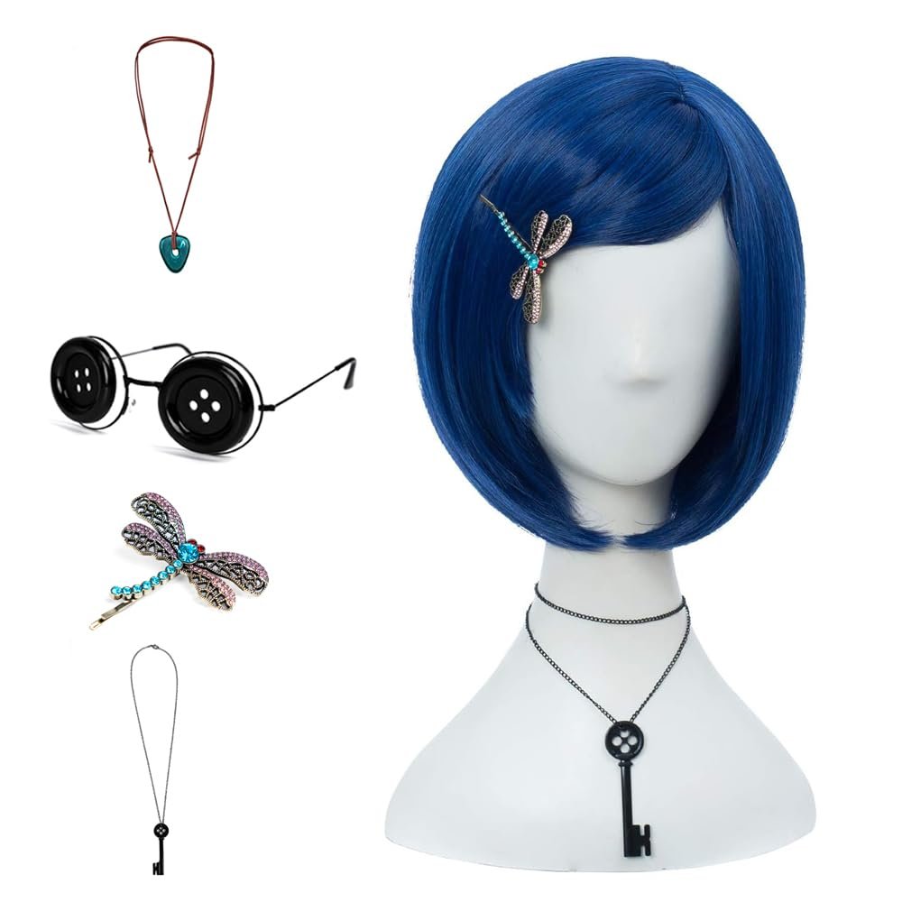 Coraline Women Girls Dark Blue Bob Short Straight Hair Wig Button Glasses Key Necklace Gemstone Necklace Dragonfly Hairpin Costume Party Cosplay Wig (SET1)
