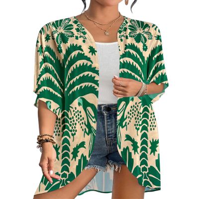 Bsubseach Womens Kimono Swimsuit Coverup Boho Floral Print Cardigan Half Sleeve Beach Bathing Suit Cover Up Loose Tops Beige & Green