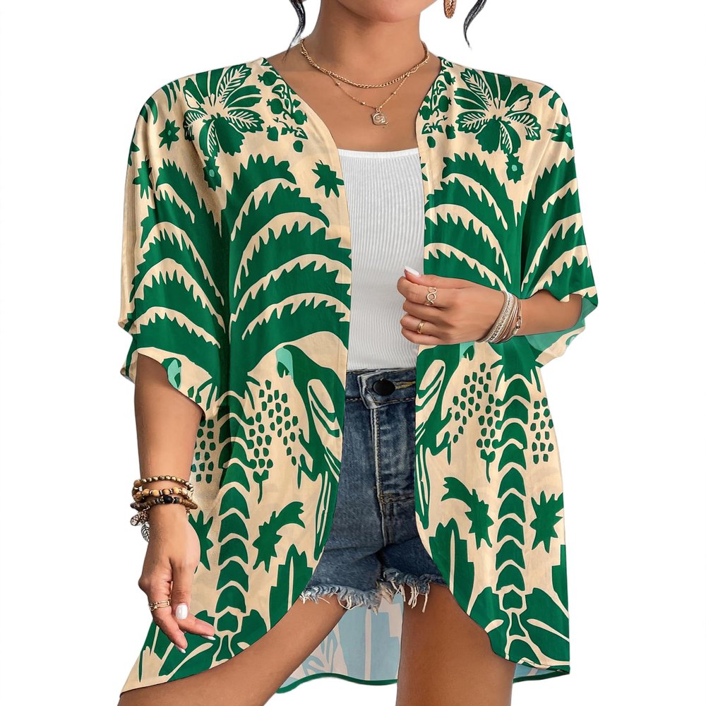 Bsubseach Womens Kimono Swimsuit Coverup Boho Floral Print Cardigan Half Sleeve Beach Bathing Suit Cover Up Loose Tops Beige & Green