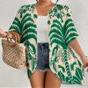 Bsubseach Womens Kimono Swimsuit Coverup Boho Floral Print Cardigan Half Sleeve Beach Bathing Suit Cover Up Loose Tops Beige & Green view 2
