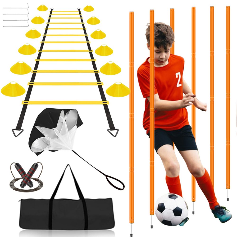 Vztipki Speed & Agility Training Equipment-20ft Agility Ladder, 6 Poles, 12 Soccer Cones, Resistance Parachute, Jump Rope, Soccer Football Basketball Sport Training Set for Kids Youth Adults