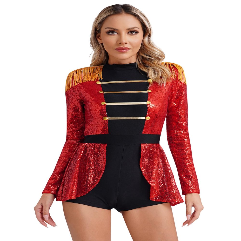Hansber Womens Circus Ringmaster Costume Halloween Lion Tamer Dress Up Tassel Shoulder Bodysuit Red Large