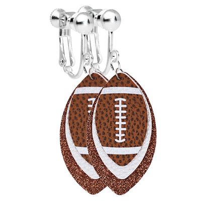 Clip on Earrings Non Pierced for Women Game Days Sports Fans Dangle Fun Colorful Layered Football Glitter Faux Leather Teardrop Dangling Trendy Jewelry, Brown