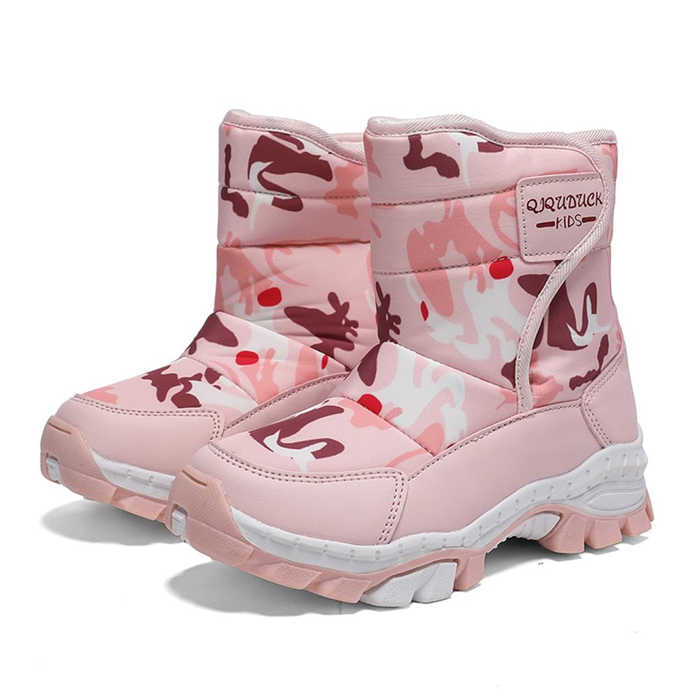 Kids Winter Hiking Boots, Waterproof and Slip-Resistant Snow Boots for Boys and Girls, Durable Outdoor Winter Shoes with Warm Fur Lining and Steel Buckle (Toddler/Little Kid/Big Kid) Pink Camo 31