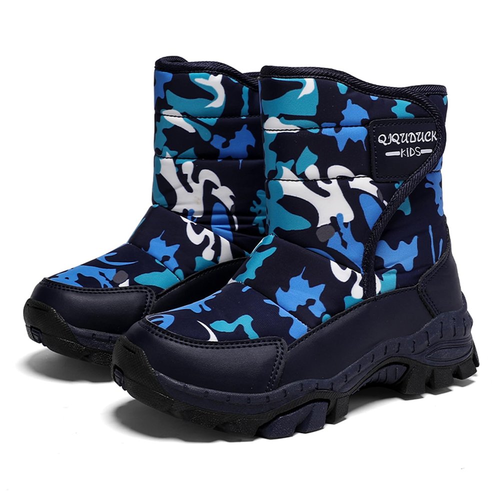 Kids Winter Hiking Boots, Waterproof and Slip-Resistant Snow Boots for Boys and Girls, Durable Outdoor Winter Shoes with Warm Fur Lining and Steel Buckle (Toddler/Little Kid/Big Kid) Navy Camo 32