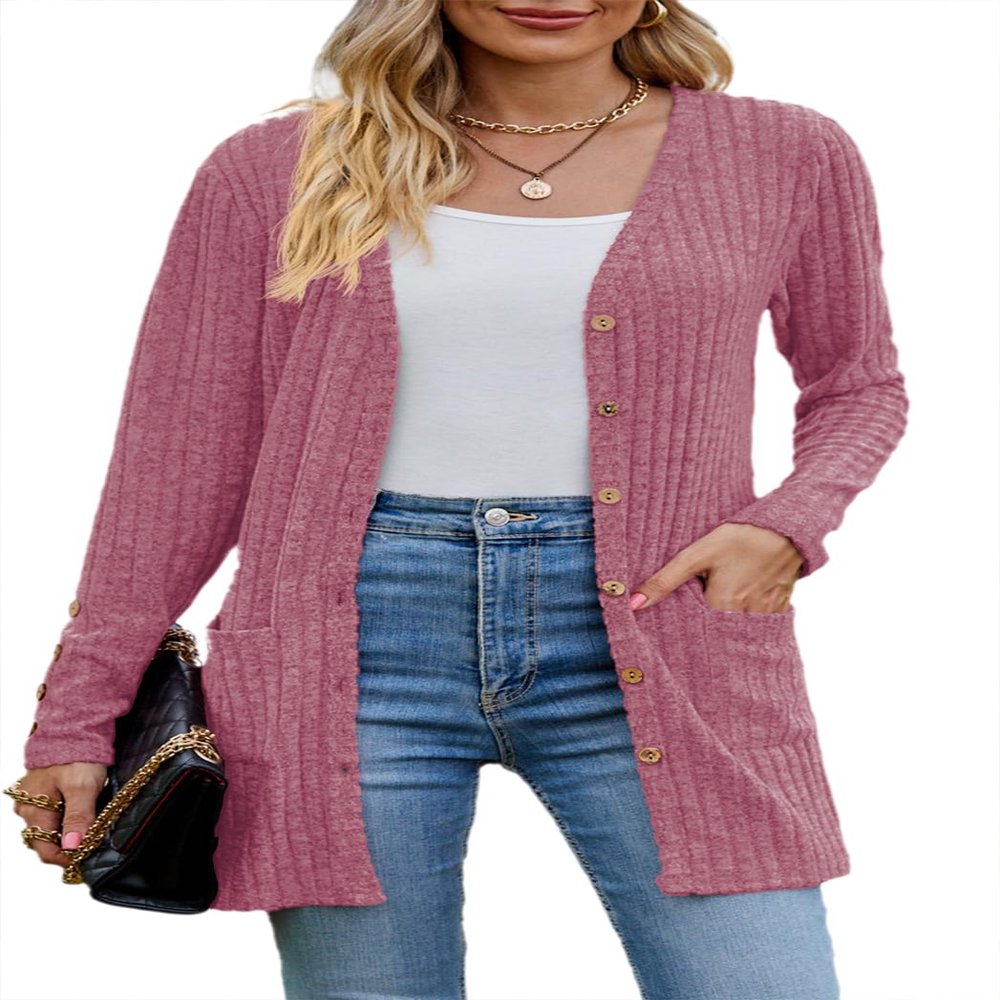 Askyes Womens Cardigan Lightweight for Fall Knit Loose Button Down Cute Trendy Fashion Cardigan with Pockets,Purple Red,L