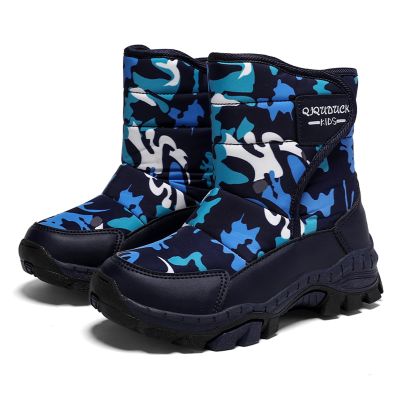 Kids Winter Hiking Boots, Waterproof and Slip-Resistant Snow Boots for Boys and Girls, Durable Outdoor Winter Shoes with Warm Fur Lining and Steel Buckle (Toddler/Little Kid/Big Kid) Navy Camo 30