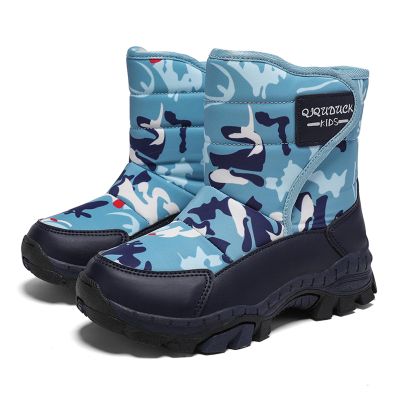 Kids Winter Hiking Boots, Waterproof and Slip-Resistant Snow Boots for Boys and Girls, Durable Outdoor Winter Shoes with Warm Fur Lining and Steel Buckle (Toddler/Little Kid/Big Kid) Sky Blue Camo 35